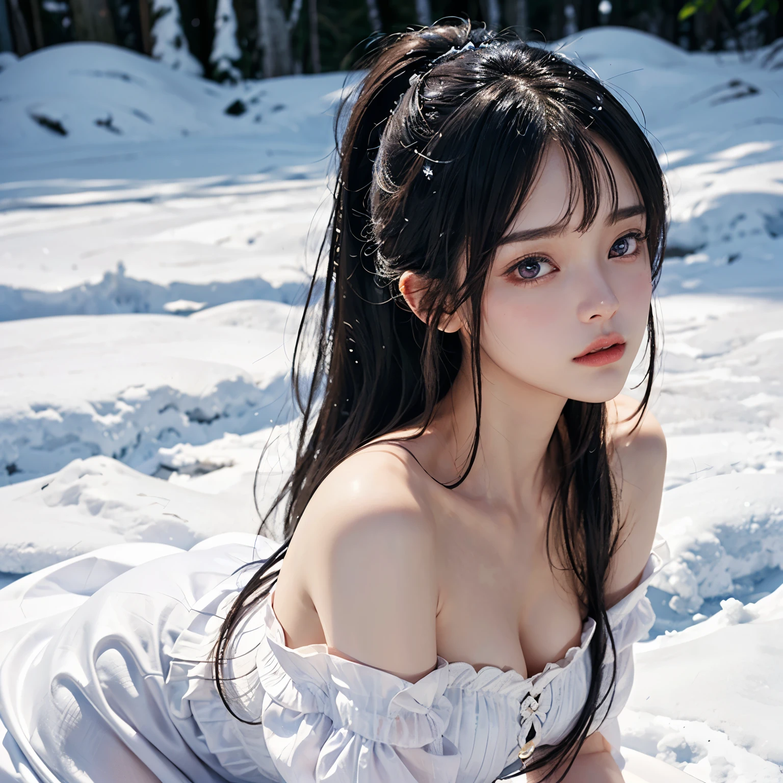 21 years old ,girl、Long twin tail hair、Cat ear headband。(Random Nudes),Exhibitionism,((Random exposure of genitals))。 Beautiful areola。Thin Hair。In the vast snowy mountains、Detailed and complex background。Black Hair。Round face.
