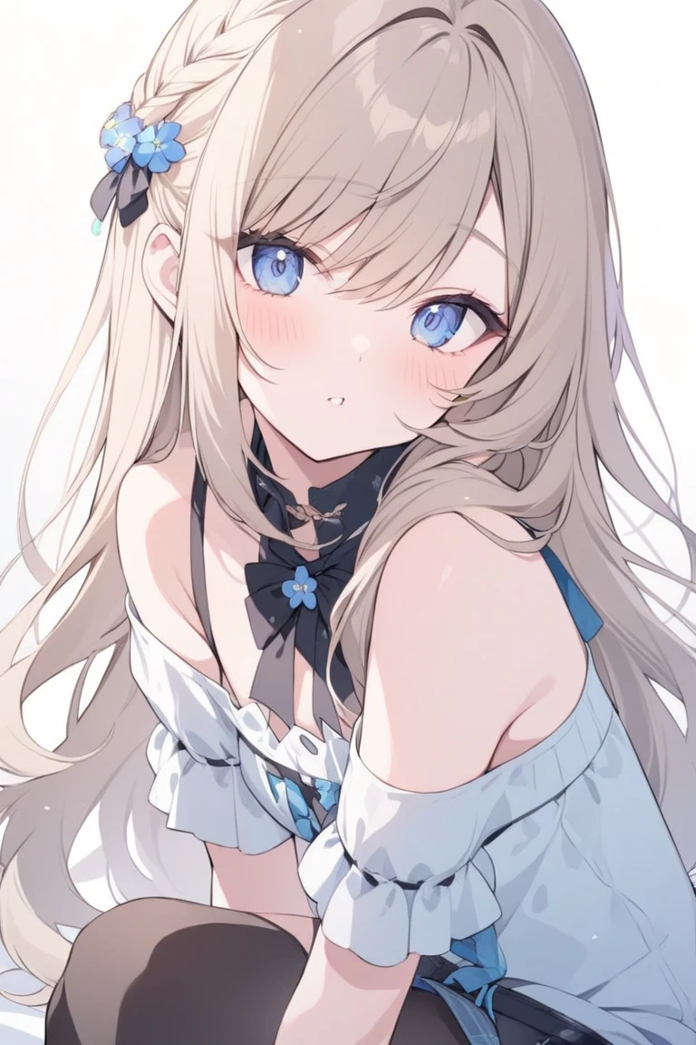 Masterpiece、Anime Coloring、8k、Ultra fine、cowboy shot、Black ribbon bra、Blonde、Semi-long hair、Get your hair down、blue eyes、In underwear、blush、White background、Full screen close-up、Cross your arms、Medium chest、from above