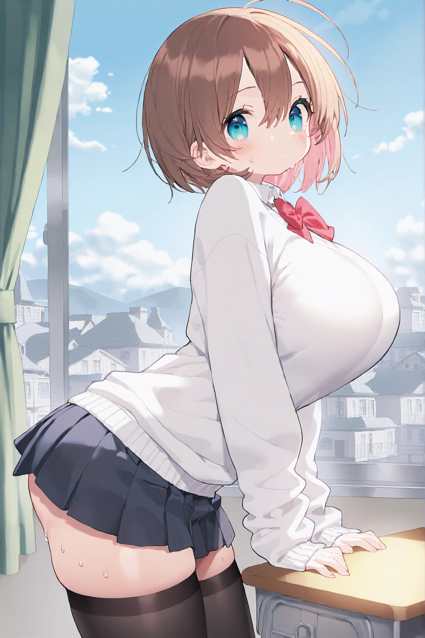 Highest Quality、beautiful detailed eyes、very detailed CG、1 beautiful 、 lori、dye your cheeks、school uniform、I'm wearing heavy winter clothes、birthday、white sweater、shy、Big Breasts、Butt、thighs、slouching position that makes your butt sweat、very short 、pleated mini skirt、black thigh high stockings、Inside the school building