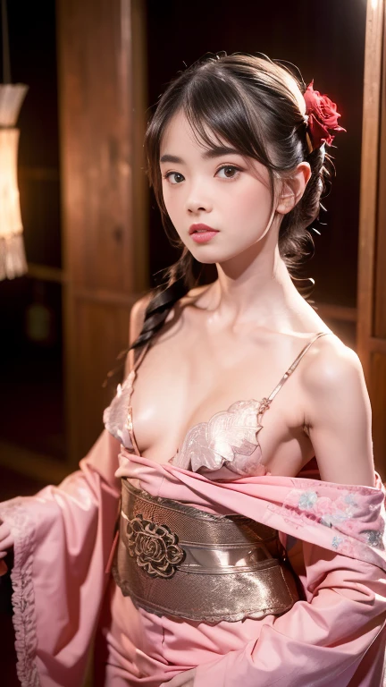 (Real: 1.4), (Masterpiece, Sidelights, Fine Beautiful Eyes: 1.2), Masterpiece*Portrait、、、、, Realistic, 3D Face, Glistening Eyes, Glossy Hair, Skin Falling Out, Solo、、、、, Embarrassing, (Epigastric), Sexy Underwear, Ponytail Hair, Bun, (Princess), small and firm breast