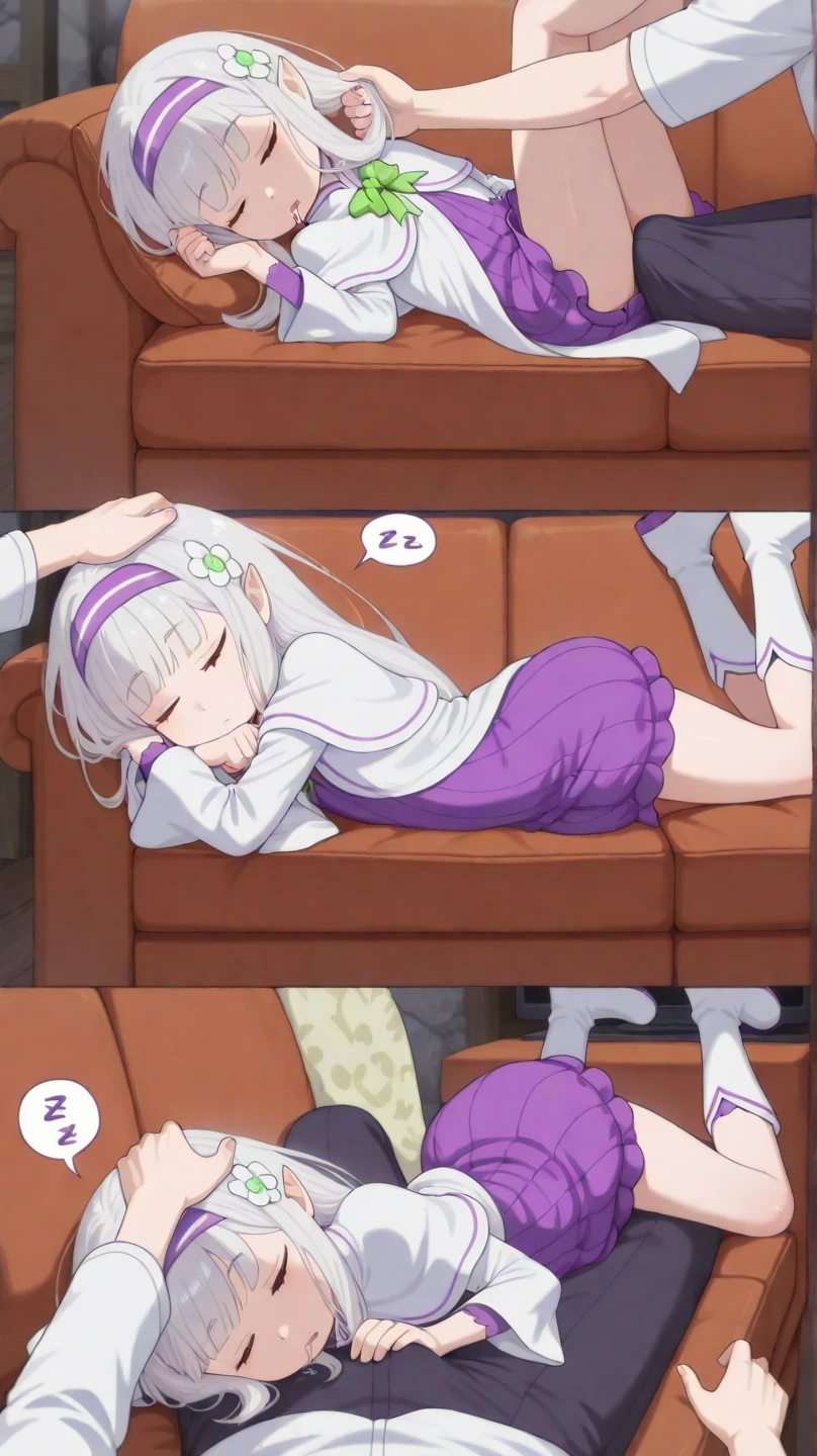 yngemilia, hairband, hair flower, white capelet, purple dress, green bowtie, white footwear, 1girl on side, resting head, on front, from side, legs up, pov lying, head on pov chest, head rest, lean back, slender, petite, drooling, sleeping, speech bubbles, "love yoy". scenery in flat screen tv, lights off, on couch, cozy, male pov, side view, pov body, lying, pov right arm, pov legs, hand on over head, pov, drool on bulge, caressing hair, an arm around her shoulder. (sfw, safe_for_work)