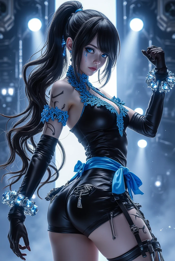 Ponytail, beautiful female warrior, approximately 20 years of age, with a perfect body and dressed only organza transparent coat (see-through: 2.0) , The character has dark blue hair with red highlights, tied in a horse tail, and holds a short sword in her hand. I would like the drawing to be done in any graphic convention that fits the character’s nature, wet skin, shiny skin, transparent organza flowing coat, photorealistic: 2.0. Shiny skin, make up, makeup eyes, dark red lipstick, long lashes