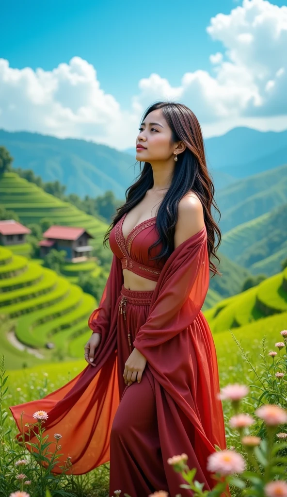 8k, masterpiece, RAW photo, best quality, photorealistic, extremely detailed CG unity 8k wallpaper, Depth of field, Cinematic Light, Lens Flare, Ray tracing, (extremely beautiful face, beautiful lips, beautiful eyes), intricate detail face, ((ultra detailed skin)), ((1girl:1.9)), ((alone:1.9)), ((seductively standing pose)), at sunrise next to the rice fields, deep shadow, [((Raiana-Elizabeth-Dilla))], pretty girl, (very slim slender fit-muscled body:1.3), ((beautiful legs:1.4)), ((looking at viewer)),(big smile:1), (sexy ((see-through)) ((ultra-short ((red:1.2)) casual-style uniform))), ((picturesque scenery, tranquil setting, awe-inspiring view, tranquil beauty, timeless charm, rural idyll, nature's masterpiece, rural life, peacefulness, quiet solitude, close connection to nature, verdant landscape, life-sustaining crop,serene atmosphere)), (rice fields, peaceful landscape, lush greenery, golden stalks of rice, waving in the breeze, rustic countryside, gentle slopes, terraced fields, traditional farming, vibrant colors, sunrise or sunset casting a warm glow, bountiful harvest, abundance, simplicity, agricultural beauty, organic cultivation, infinite stretch of rice paddies, symmetrical patterns), (blurred background:1.4), beautiful earrings, bracelets, necklace, red pendant, clear eyes, ((tattoos)), (pale skin), (face forward), ((whole-body-view)), ((full-body:1.8, cinematic shot)), soft lighting, (long black hairs), (looking at viewer:1.8), cleavage breasts, (large breasts:1.4), touching the breast, highly detailed, ultra realistic, extremely detailed and realistic ((red:1.2)) clothes.