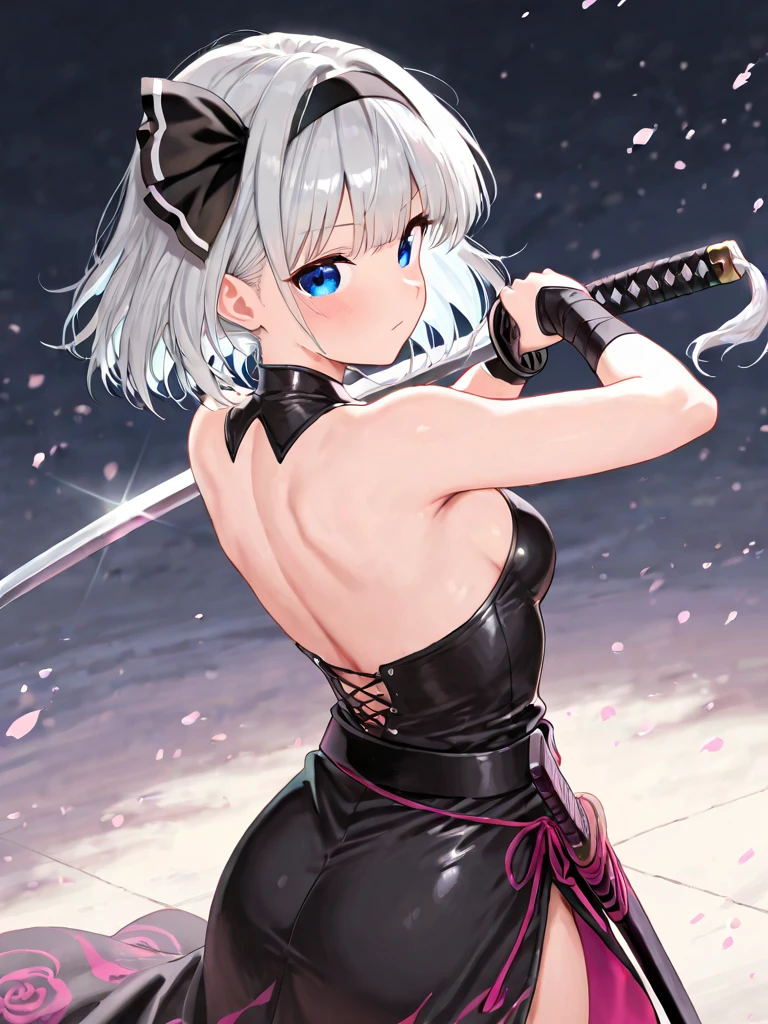 (((Cleavage))),(((Highest quality))),((Very detailed)),(shape),(Dynamic Angle), ((Oriental Project)),(Slim body),((Disheveled Hair)), (((Voluptuous body))),(((Use your sword skills))), ((girl wearing black tights)), (((View from the front))),((Beautifully detailed body)),((~ side、Shoulders are exposed)),(((Mysterious and sparkling blue eyes)))Gray Hair, ((Colorful Hair)),((long hair with stripes)), Beautiful attention to detail,(Gradient color eyes),(((Delicate eyes))), (((background))),(((High saturation))),(((konpaku youmu))),(((In front of the cherry blossoms at night))