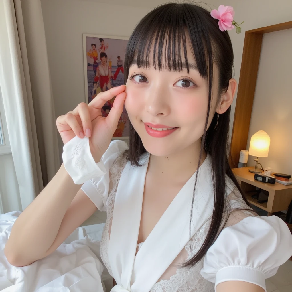 woman((30 years old)), hair(( Brown)), Eye((smart Eye, hazel)), clothing((underwear, white & Red)), hair bun, earrings, huge , bouquet, white long gloves, japanese house, lantern, Japanese-style decoration room, nsfw