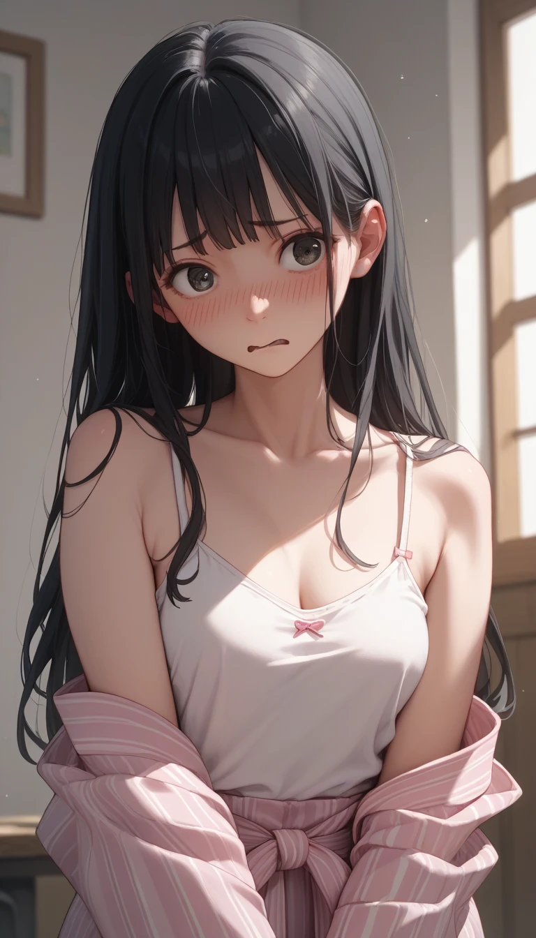 (((masterpiece,Highest quality:1.3,best quality illustration))),(realistic),cowboy shot,独奏,1woman,(18 year old beauty),black hair,long hair,bangs,black eyes,gorgeous big eyes,((very small head:1.3)),shy,((very long body:1.2,skinny)),medium breasts,(White tube top shirt、navel、Black pleated mini skirt),sweat,in heat,gleaming skin,toned body,slender body、orgasm,sitting,spread legs,Simple bed、Simple small bedroom、nsfw,