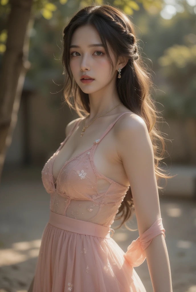 digital portrait、realistic depiction of the human body、RAW photo、one girl、gentle gray eyes、plump lips、An ennui look、huge firm bouncing busts、shortcut、(((Elegant black lace-like line dress、Dense and artistic lace black line dress、beautiful dress、super luxury dress)))、highest quality、super resolution、master piece:1.5、medium depth of field、50mmlens、cinematic lighting、Backlight、professional photographer、deep jungle, Explorer, Beast,