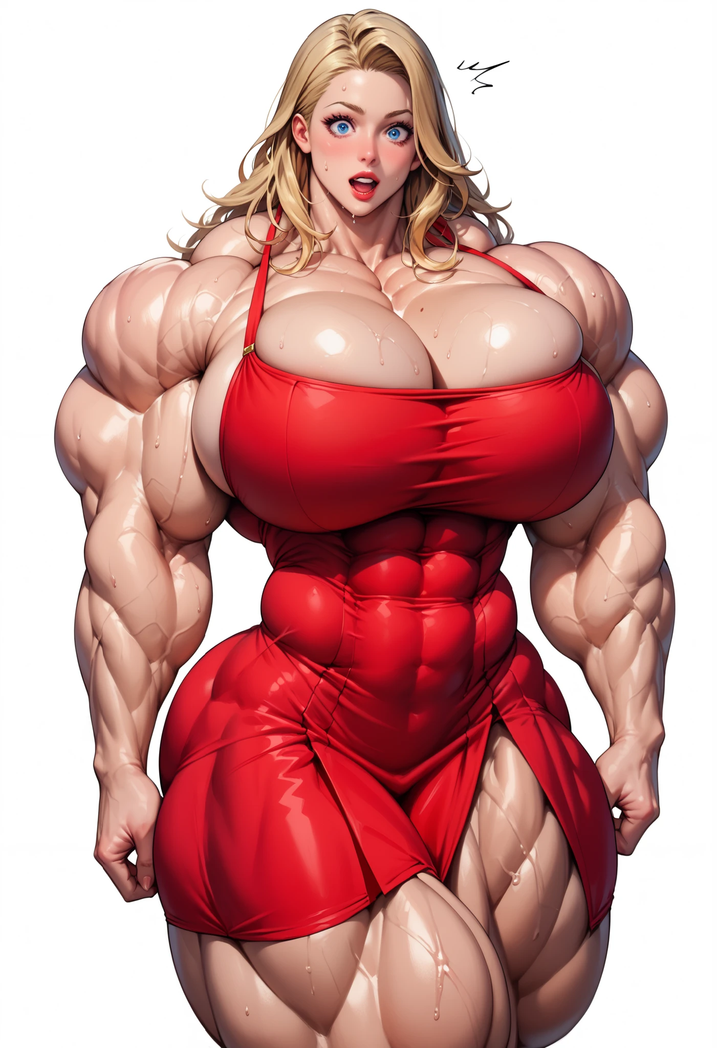 (masterpiece), (best quality), 1girl, solo woman, alone, ((full body view)), (((massive female bodybuilder:1.5))), (((Huge Breasts:1.5))), ((Huge Muscular Ass)), ((Wide Hips:1.2)), (sexy prom dress:1.7), (NSFW:0.95) , shiny skin, scribbles and marks, (puffy lips:1.4), pose, 8k,16k, (simple background, white background: 1.3) white and blue color palette