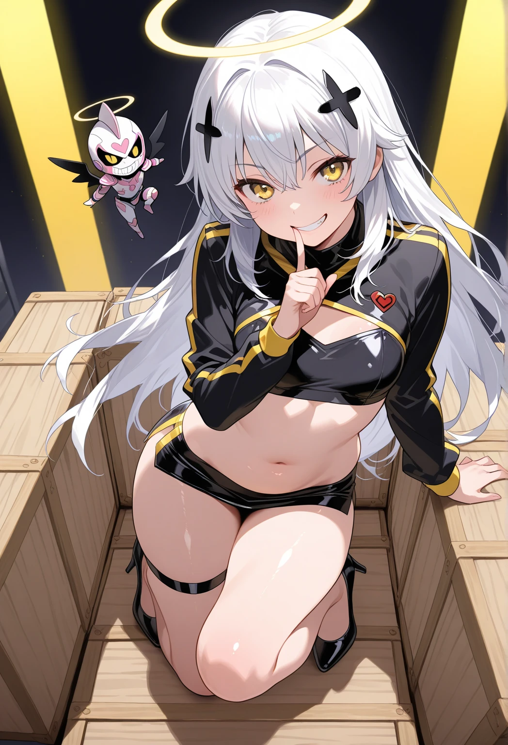 Masterpiece, 4k, best quality, prime, 1girl ,azazel with halo and yellow eyes, black hair, team rocket uniform, black croped jacket, white skirt, red X, top cut, black socks, black elbow gloves, strip, Gothic 