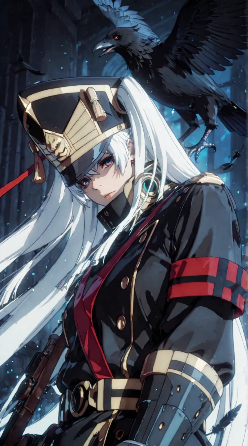 ggstduel, (ratatatat74:1.2), anime coloring, ((Cinematic, unreal engine, eye-catching, ambient occlusion, UHD, masterpiece)), ((perfect lighting)), comic, score_9, score_8_up, score_7_up, score_6_up, score_5_up, score_4_up, uncensored, detailed background, vignetting, masterpiece, high quality, absurdres, best quality, very aesthetic, newest, digital art, trending on ArtStation, ((anatomical correct)), perfect body, perfect eyes, perfect fingers, gasping, heavy breathing, gasping profusely, ((skindentation)), ((curvy)), white hair, absurdly long hair, shako cap, sidelocks, two side up, hair ribbon, multicolored eyes, square pupils, plump, curvy, bird, crow, jewelry, solo, glowing, tattoo, earrings, looking_at_viewer, upper_body, necklace, closed_mouth, animal, feathers, hollow eyes, military uniform, long sleeves, armband, shako cap, gauntlets, sash, long coat, long skirt, belt, high heel boots, knee boots, (aura:1.3) black aura, magic particles, light particles, shaded face