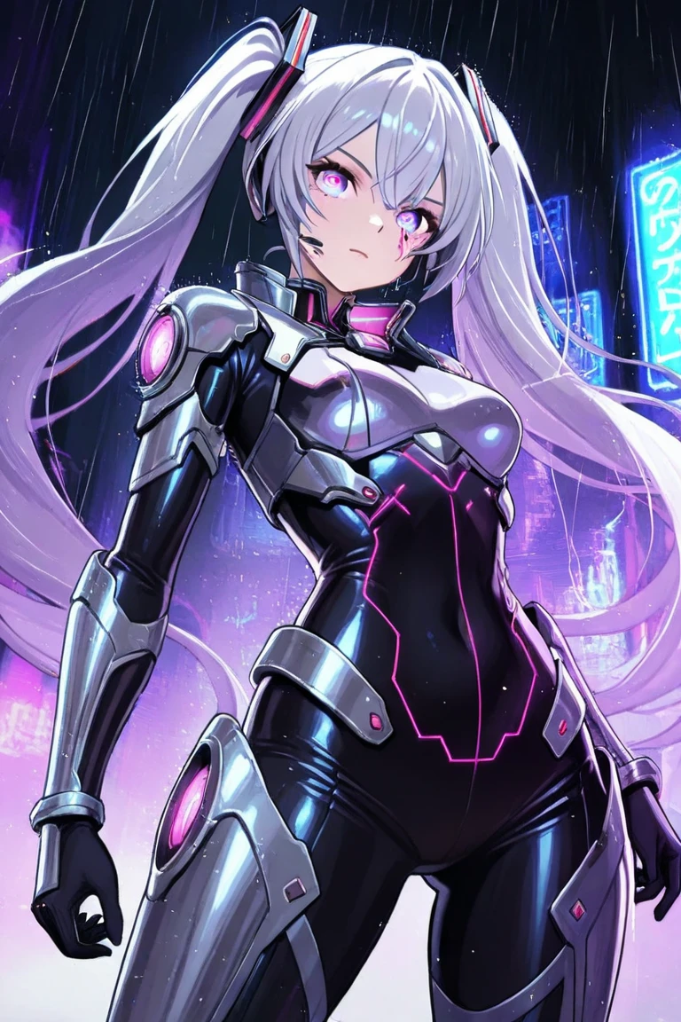 Pretty, Woman, Sexy face, Yellow eyes, White hair, Slim body, Sexy Pose, Pink tights, mechs, Neon sign, Led Night City, Seen from above, High quality, anime, Beautiful light, full detail, Black background, anime style, masterpiece, best quality, high quality, cat ears, smiling