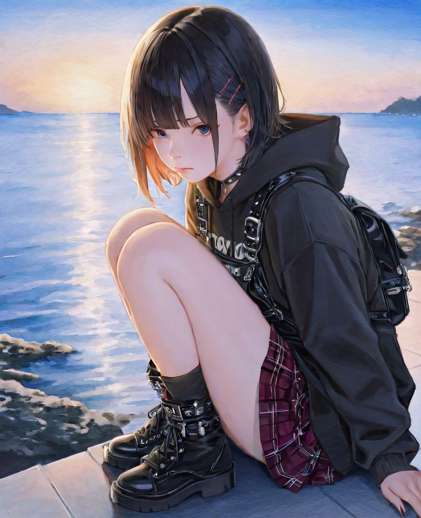 woman with black hair, grey-eyed, Caucasian skin, lying surrounded, grunge style, bangss, small eyes, Bela , 8K, white wigs,SUNSET, 2000s, toned full body
