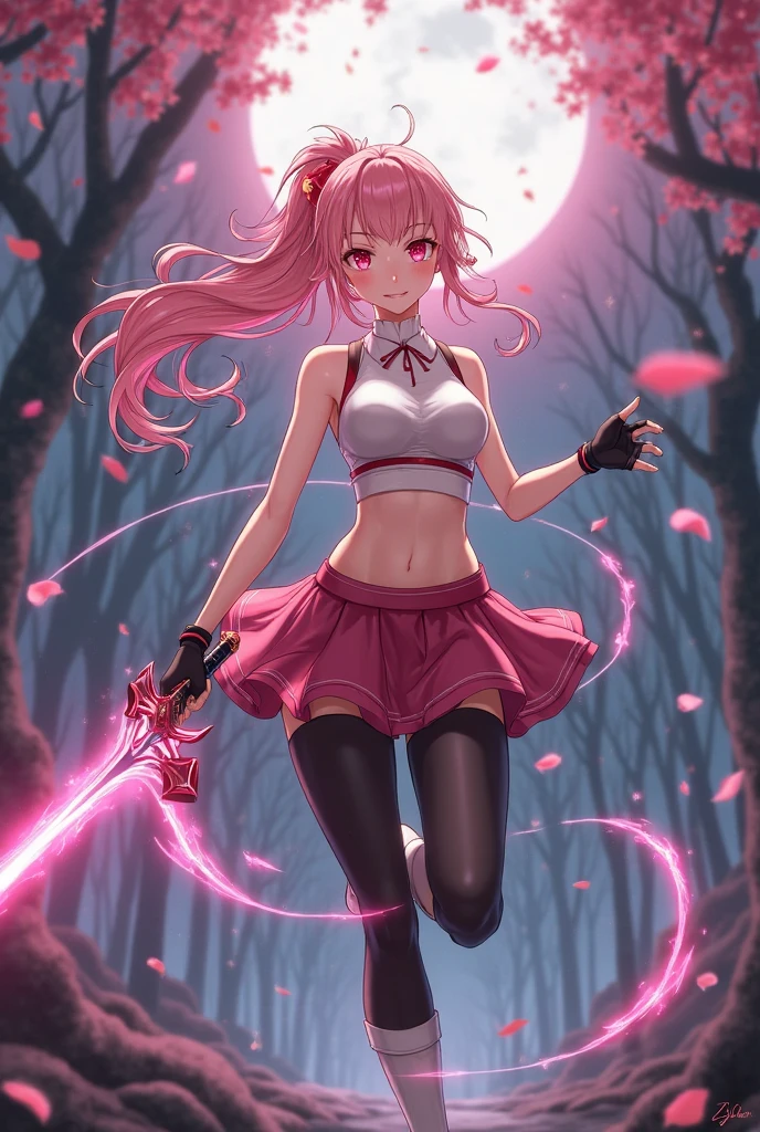 1 girl, solo, Akai_Haato, succubus idol, succubus wings, pink hair with black tups, short hair, twintails with hairbands, red eyes, very large breasts, almost naked, hand_to_mouth, enticing black crop top, erotic outfit, white mini skirt, translucent black stockings, alien-like woods in background, sexy pose, womb_tattoo