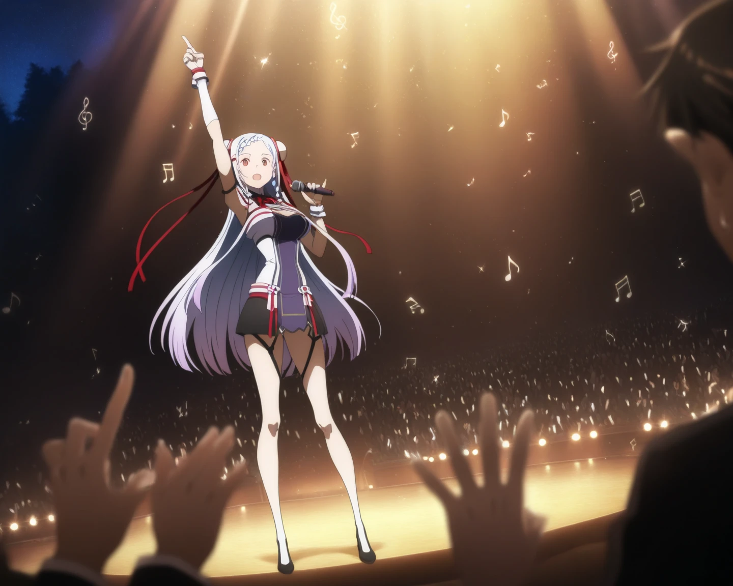 best quality,masterpiece, high res,original, beautiful detailed eyes,ultra-detailed, (New Stars Rose), mejiro ardan \(umamusume\), long hair,1girl, solo, short hair, short sleeves, white gloves, puffy sleeves, white jacket, cropped jacket, white thighhighs, red skirt, white skirt, white footwear, white shirt, white dress, brooch, bowtie, red bow, wrist cuffs, knee boots, button badge, looking at viewer, looking back, from back, from behind, smile, standing, stage, stage lights, spot lights, light, arms behind back,
<lora:New Stars Rose:0.8:ware> <lora:mejiroardanlove:0.8:MIDD>