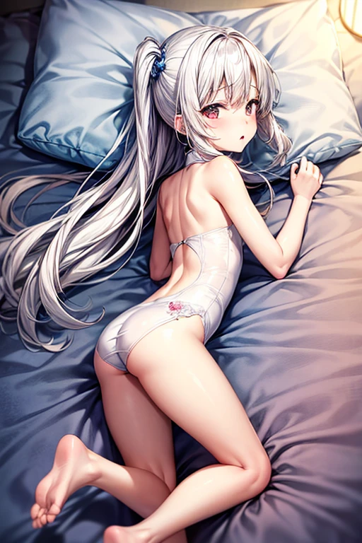 masterpiece, Top quality, Ultra high definition, Maximum resolution, Very detailed, Clean skin, Anime, Flipping panties with hands, Flipping bra with hands, Pulling clothes with hands, Full body, Nude, Slender, Very cute, Young face, 13 year old girl, Red eyes, Semi-long hair, Silver hair, Braided hair, Lying down, Wide open legs, Raised legs, Flipping clothes with hands, Twisting clothes with hands, White costume, rabbit ears, bunny girl, semi-undressed, wet clothes, wet body, thin-skinned clothes, clothes with visible tips of breasts, sweat, breasts protruding from clothes, clothes with sheer tummy, under breasts, embarrassing, blush, show off, cleavage, crotch shows through, areola see-through, pubic area open, open, pubic area visible, vaginal launch, minora, penetration, white liquid, with two men