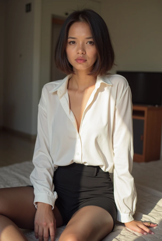 Woman with huge breasts and beautiful thin waist and Asian appearance, shorth hair , wearing a white shirt and black panties in a bedroom