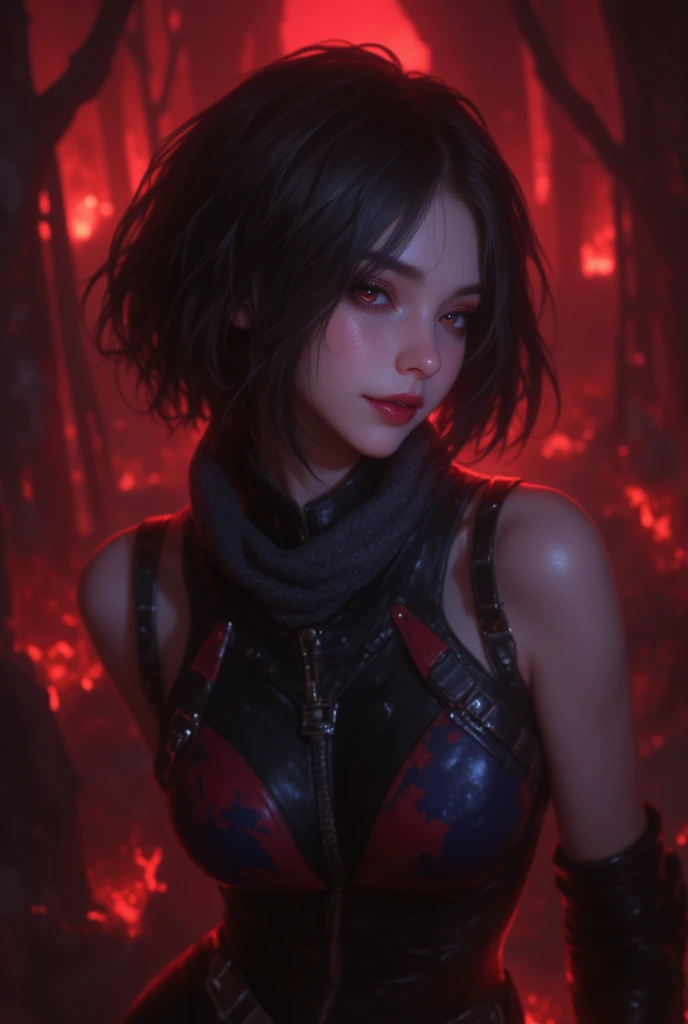 20 year old Caucasian girl, Her hair is short brown, Her skin is white, His expression is serious and cold, He seems like a bad person, Digital illustration of video game characters