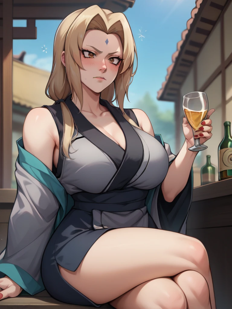 masterpiece, best quality, vibrant colours, highres, absurdres, score_9, score_8_up, score_7_up, score_9, source_anime, 1girl, solo, long hair, breasts, looking at viewer, blush, blonde hair, holding, cleavage, bare shoulders, brown eyes, sitting, closed mouth, collarbone, thighs, outdoors, japanese clothes, sleeveless, pants, kimono, nail polish, blurry, huge breasts, cup in hand, sash, blurry background, arm support, black pants, crossed legs, red nails, mature female, forehead mark diamond, drunk, short kimono, sake bottle on floor, grey kimono, green robe, tsunade (naruto)