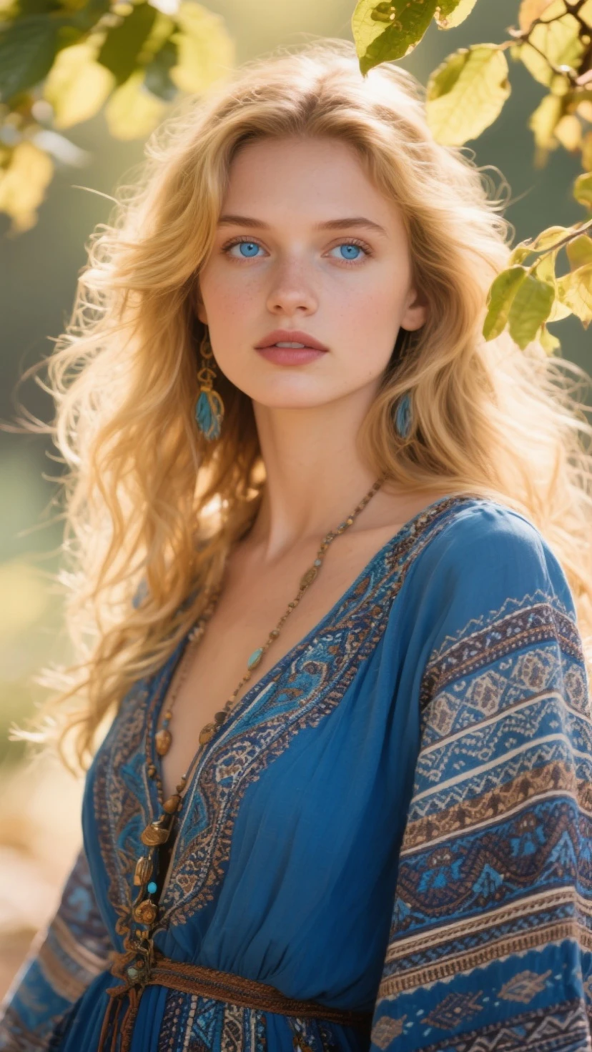 Beautiful woman with golden hair ,blue eyes , bohemian blue dress .