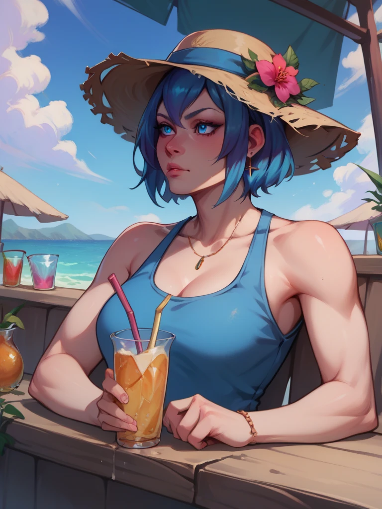 (masterpiece, best quality:1.2), solo, 1girl, isekgiyelan, bubble tea challenge, drinking straw, crossed arms, bikini, large breasts, beach <lora:isekgiyelan:0.8> <lora:concept_bubbleteachallenge-16:1>