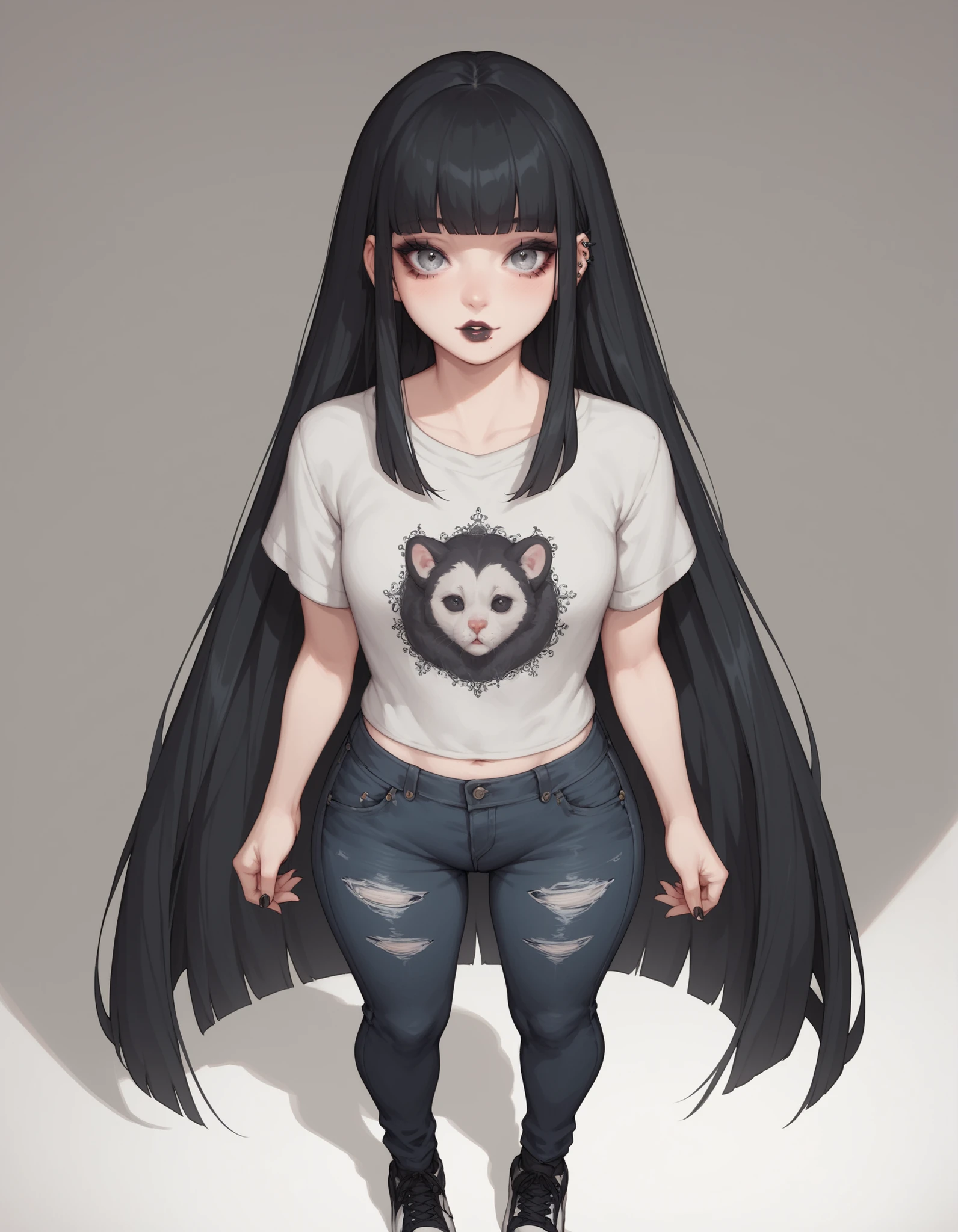 uma mulher. Long black hair with long fringe above the eyes, fair skin and black and gray eyes, she has a small dot under her right eye. She has a thin and tall body. She wears a gray blouse of the same eye color with short sleeves and dark jeans and black sneakers. She is standing in an empty room with a gentle and delicate expression, cute and feminine face, like light lipstick of a slightly dark color. in front of the camera. very long hair. Gothic fringe over the eyes.