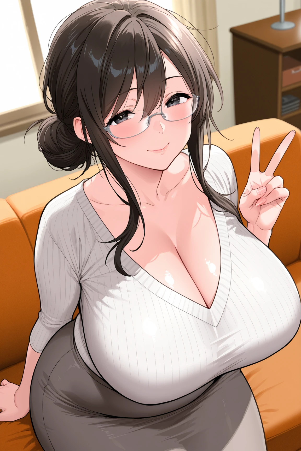 8K,high image quality、High Quality、masterpiece、anatomically correct、accurate human body、perfect face、detailed eyes、5 Fingers,
Living Room、sofa、 Low Table、
1Girl、solo,1 mature woman、milf、huge breasts,saggy breasts,Heavy chest,huge ass、wide hip, plump 、chubby、shiny skin、oily skin、messy bun hair、Dark Eyes、red rouge、Tight face、
White v-neck knit 、gray knee-length tight skirt、teacher glasses、
前かがみ、looking at camera、Smile、