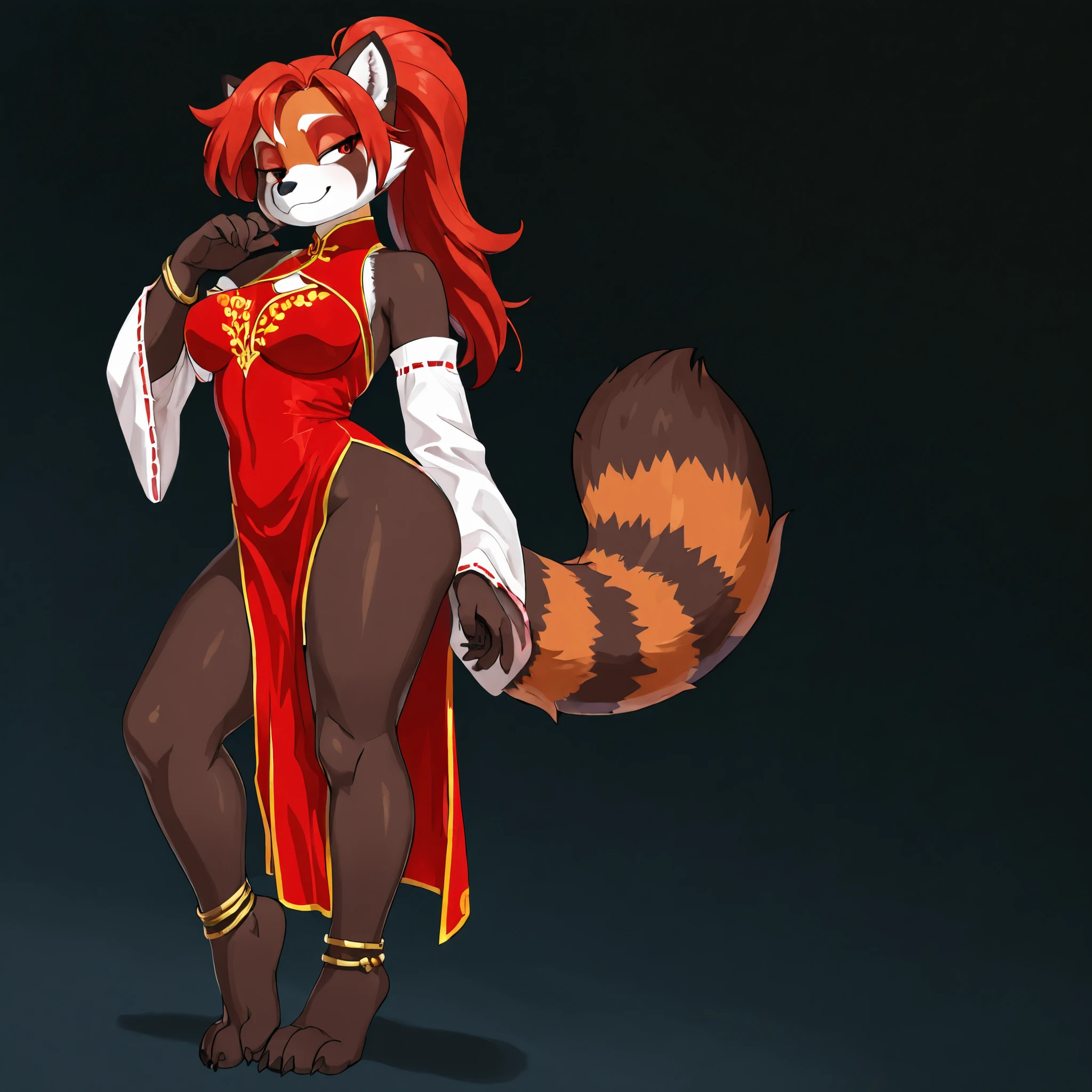 ((solo:5.5)), anime style, anime shading, masterpiece, high quality, buxom figure, curvy figure, single focus, 1girl, tall character, fur covered body, small pointed ears, pandaren, anthropomorphic, long red hair, red eyes, brown arms, claws, female, ((stripped fox tail:1.2)), red panda, adult aged, medium breasts, large foot paws, digitigrade feet, ((wearing an ornate top)), ((wearing detached sleeves)), ((white sleeves)), ((wearing a red dress)), ankle bracelets, small smile, medium breasts, dark background, sassy pose, standing