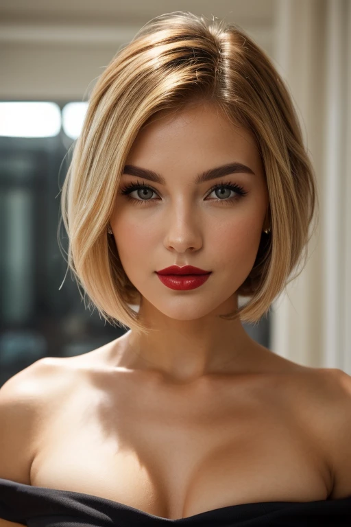 1girl,a beautiful fashion model ,(masterpiece, detailed background, best quality),short and shiny hair, light blomde hair with blonde highlights,smirk,juicy lips,red lips, calmart, lingerie, stripping, elegant makeup, (girl cocking her eyebrow)