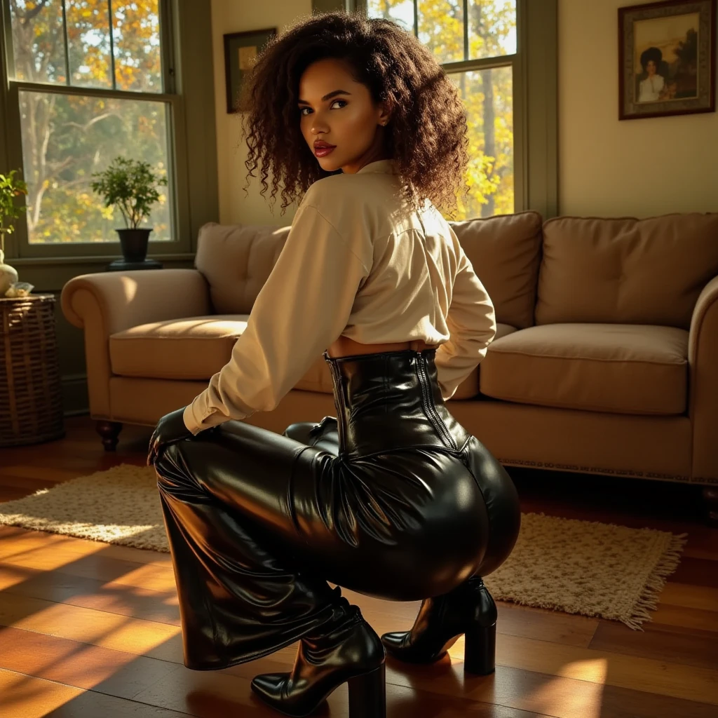 ((21-year-old))) black girl, (((light skin))),  (((close-up full body pose))),  (((long curly black hair))), (((pantyhose))), (((wearing mans button up  shirt mostly unbuttoned))), Rich, Deep Colours, (intricate details:0.9), (HDR, hyper-detailing:1.2), (natural skin textures, hyper realisitc, glistening skin, soft light, Sharp),