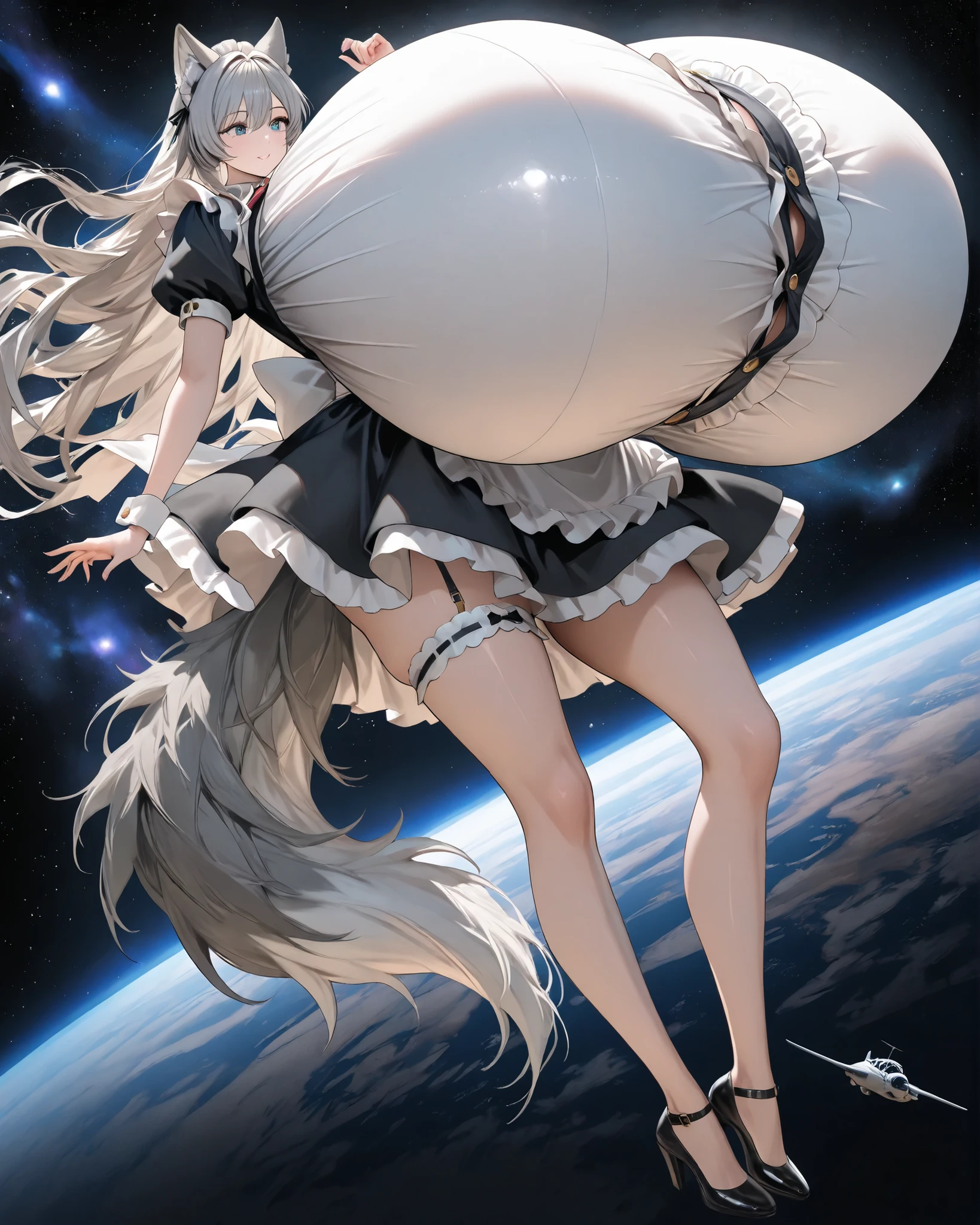 1woman, long hair, slim waist,maid costume,(((hyper gigantic breasts:1.75))),breasts  larger than body,tall,mini giantess,long legs,japanese beautiful face,Gray Hair、Wolf ears、the tail of a wolf,space,