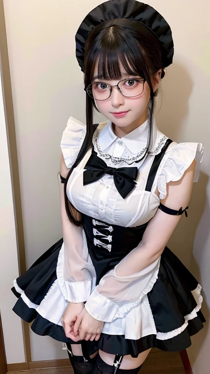 (highest quality,8K quality,masterpiece:1.3),(ultra high resolution,photorealistic:1.4,Live shooting),(Super detailed,caustics,detailed background),(ultra-realistic capture,Beautifully detailed skin,perfect anatomy),at dusk,sunset sky, ((Gothic ta, Yellow Maid Clothes, twin tail hairstyle, black eye)), ,14 ye,single eyelid,black long hair,,Looking at the camera,へにょへにょしたsmile,bust up shot,Natural light、big breasts、Glasses、smile、