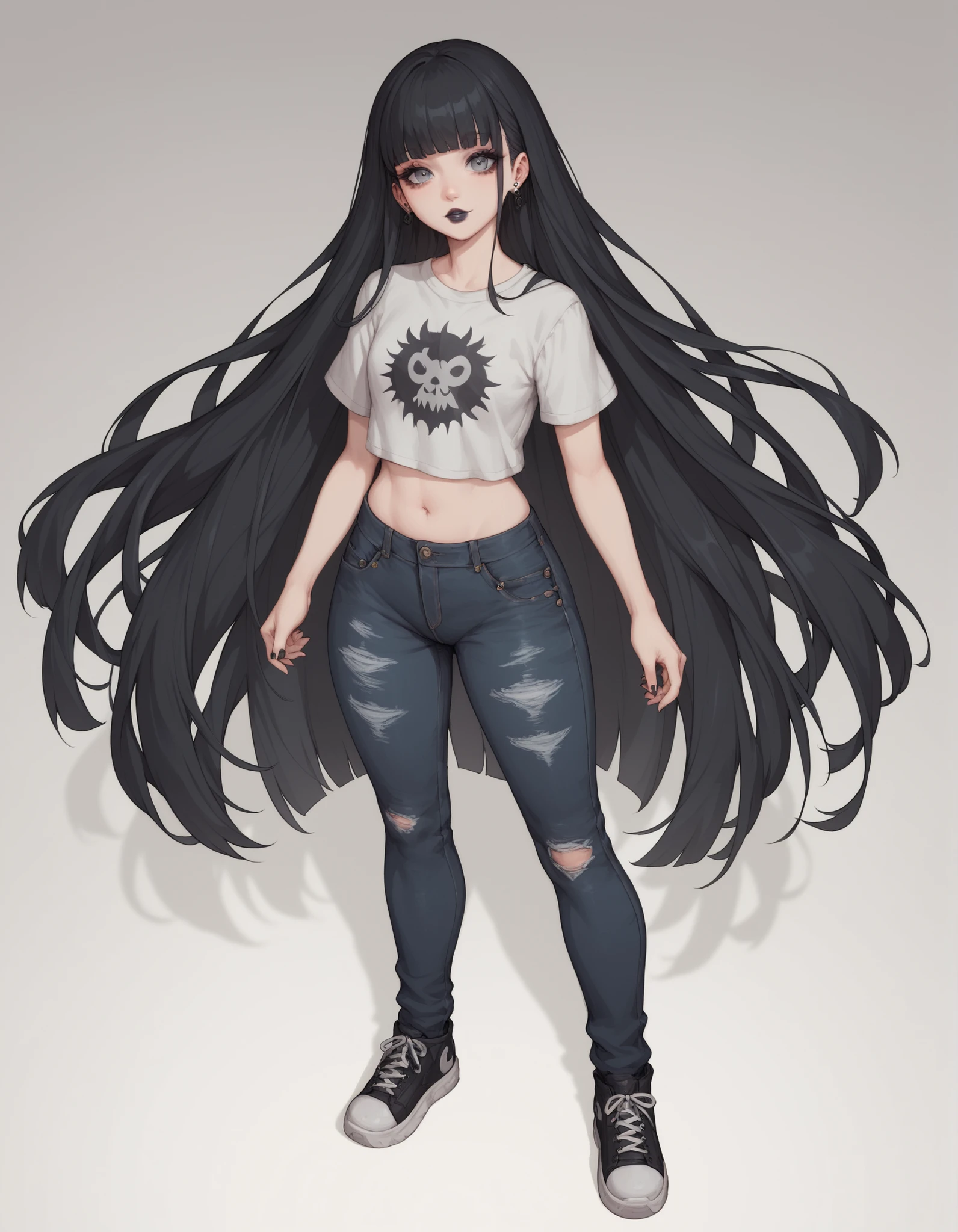 uma mulher. Long black hair with long fringe above the eyes, fair skin and black and gray eyes, she has a small dot under her right eye. She has a thin and tall body. She wears a gray blouse of the same eye color with short sleeves and dark jeans and black sneakers. She is standing in an empty room with a gentle and delicate expression, cute and feminine face, like light lipstick of a slightly dark color. in front of the camera. very long hair. Gothic fringe over the eyes.