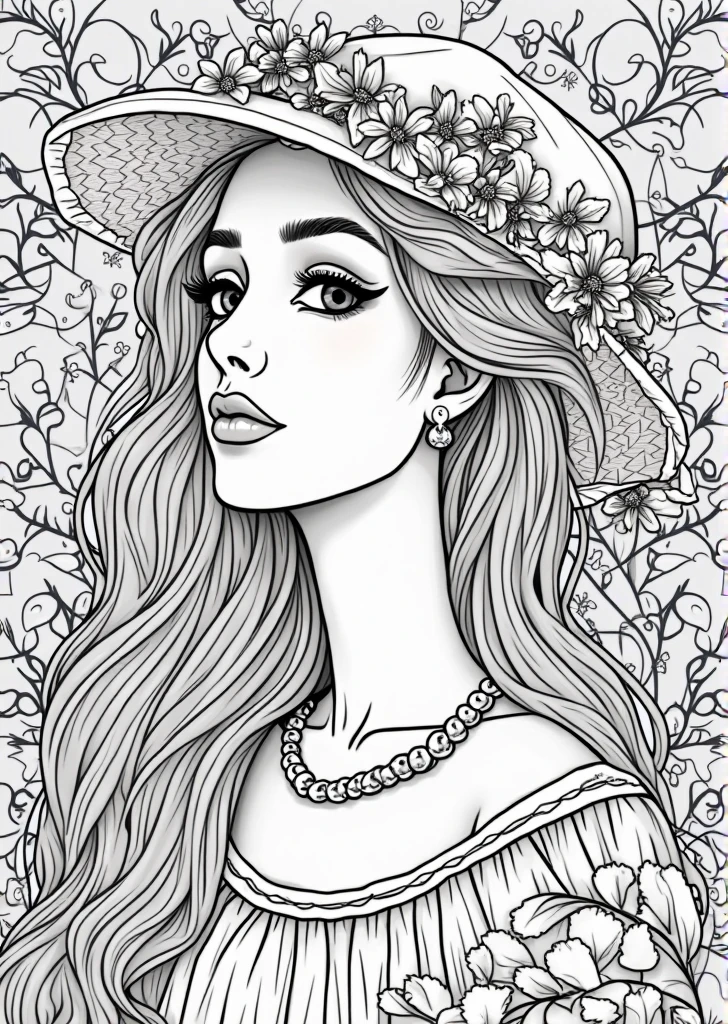 a drawing of a woman with long hair adorned with rose flower and earrings, lineart behance hd, outline art, line art illustration, illustration black outlining, clean coloring book page, black and white line art, bold lineart, illustration line art style, beautiful line art, black line art, bold line art, black and white coloring, coloring book page, line art, coloring book outline