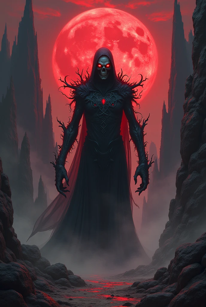 a demon wrapped in a black cloak of darkness in the middle of the forest 