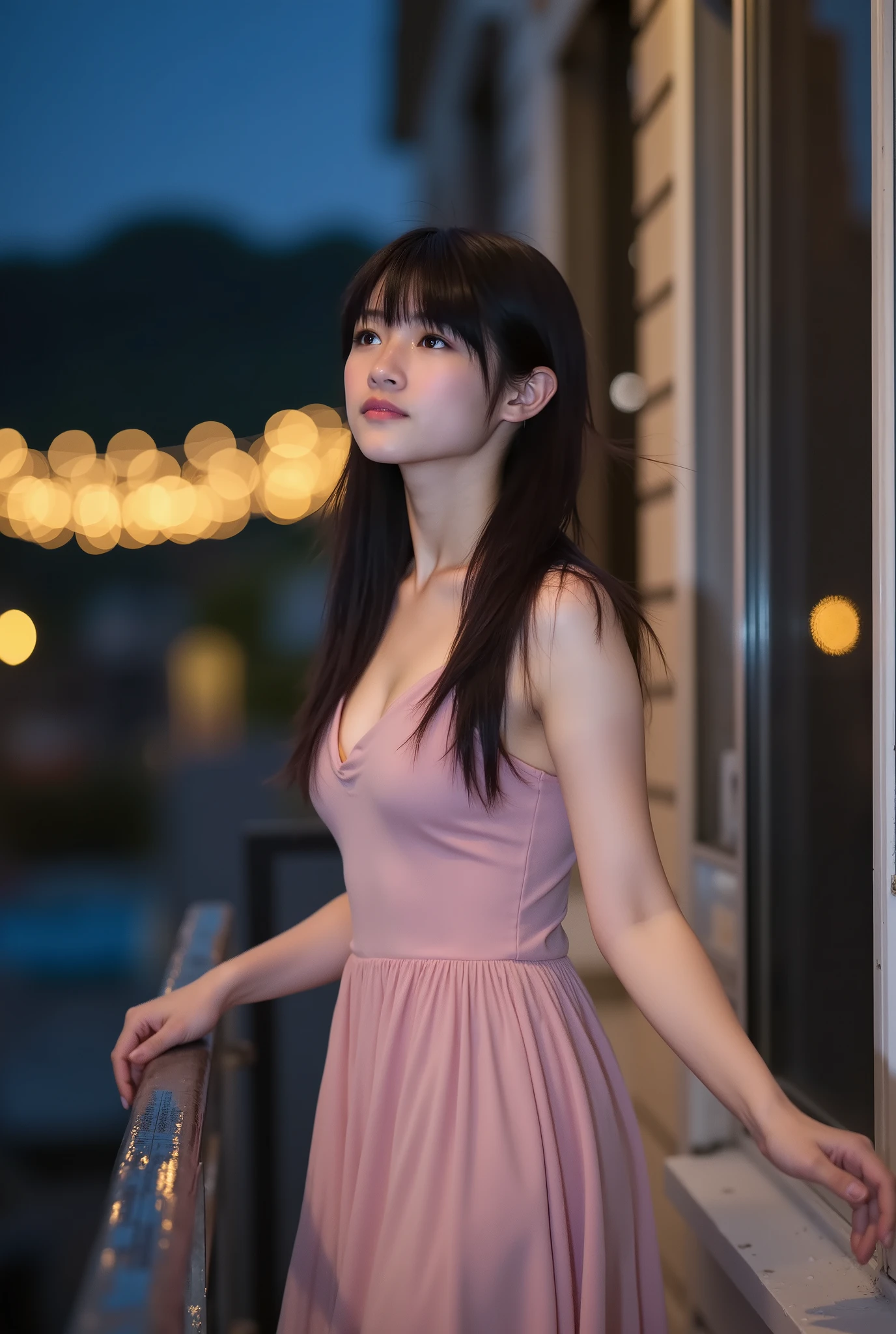 A beautiful young woman wearing a flowing mini dress, standing alone on a small balcony at night, feeling the gentle night breeze. Her hair and dress move softly with the wind. She looks up at the sky with a dreamy, distant gaze, illuminated by the faint golden glow of indoor lights behind her. Soft pastel color palette, cinematic atmosphere, emotional, realistic skin and fabric textures, dreamy depth of field.