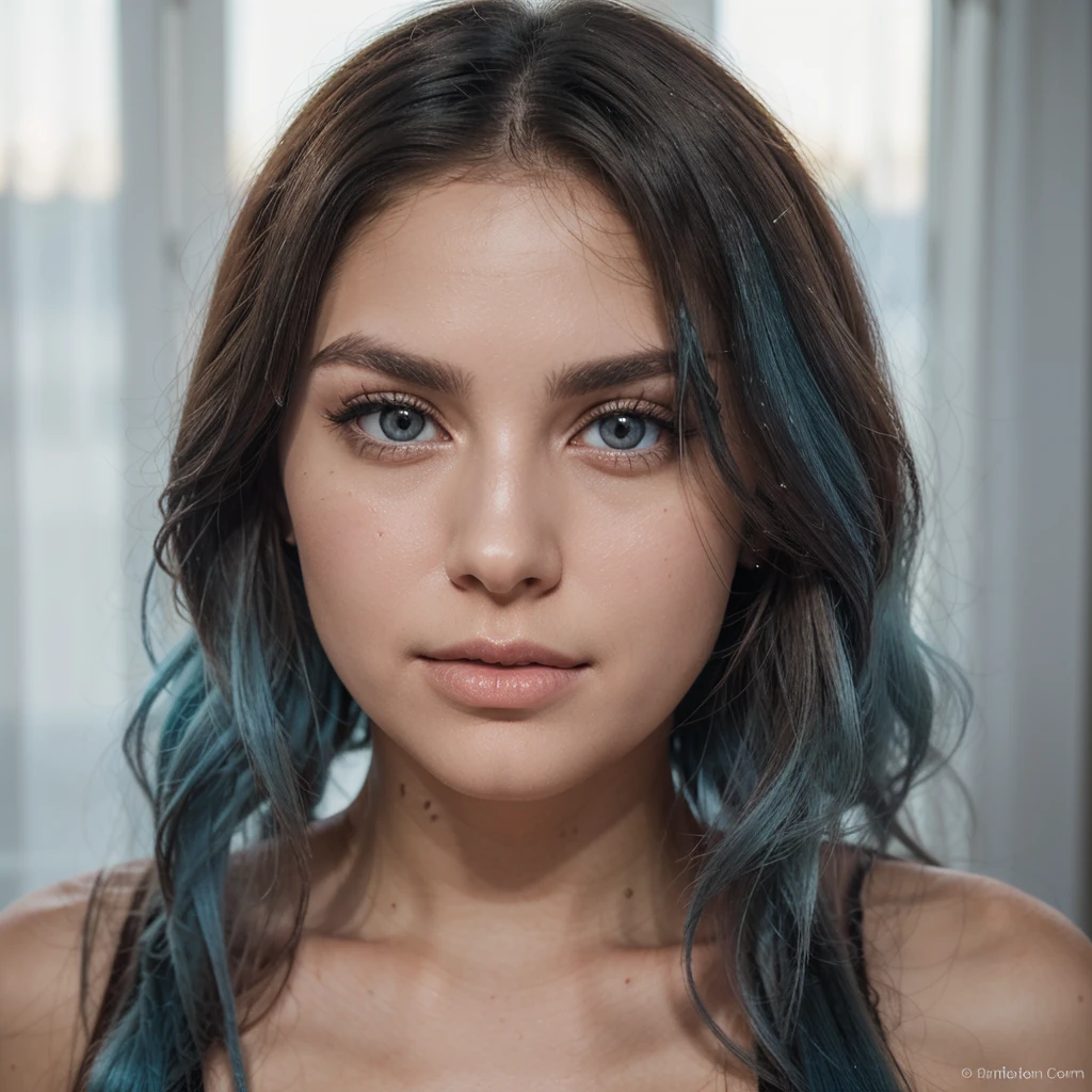 mulher branca com cabelo cacheado e castanho, olhos verdes e redondos, rosto redondo, vestida com um vestido azul