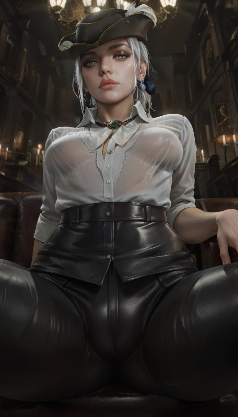 score_9_up, score_8_up, score_7_up, 1girl, solo, mature female, ((Ciri)), white tied hair, green eyes, pink lips, parted lips, fit slim body, ((perfect medium erected breast)), ((( white shirt, brown tight leather leggings, brown belt))), (((dark bathroom, candles on walls,))), perfect model body, seductive pose,