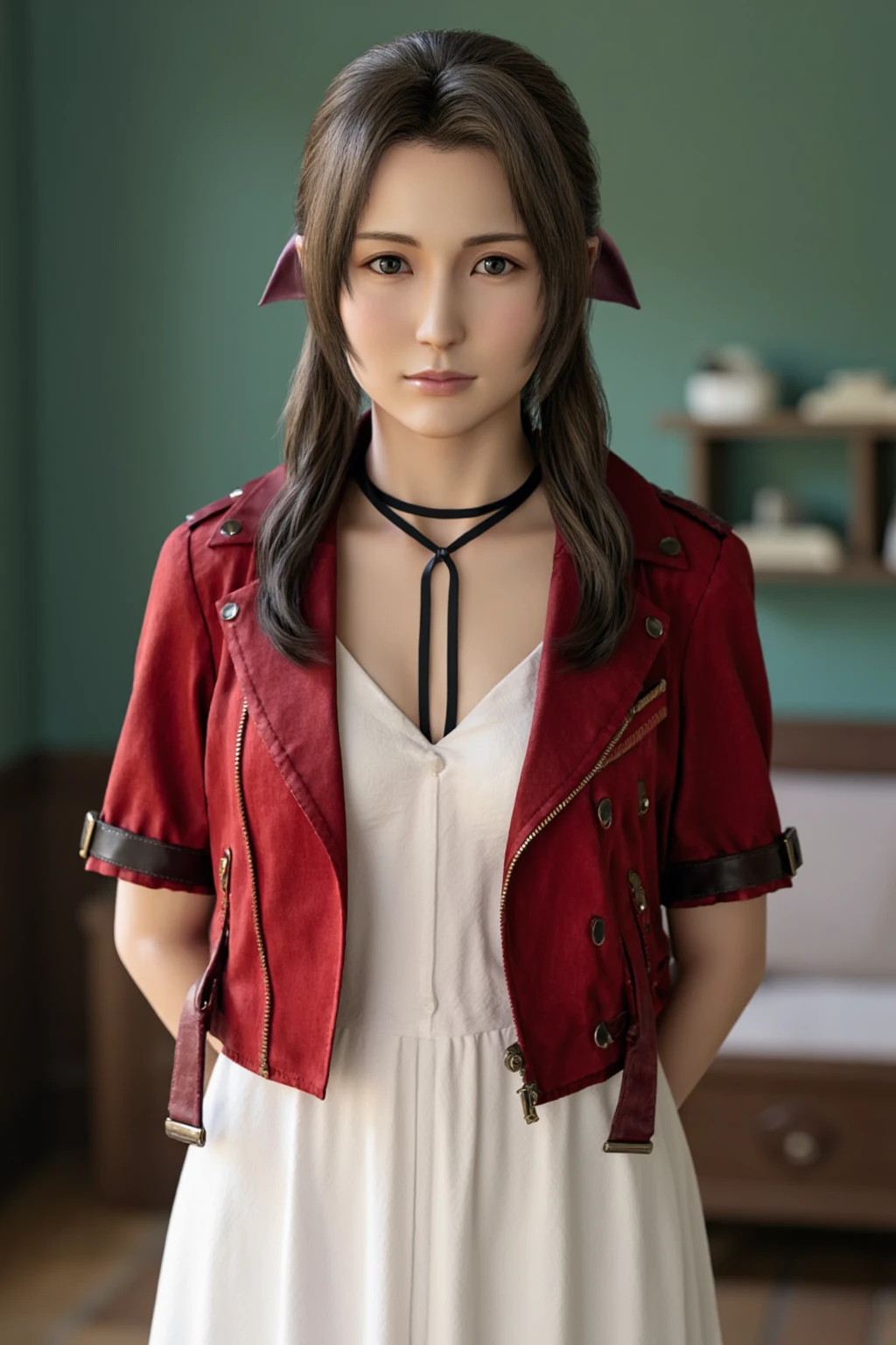 Realistic, realism, photorealism,(Live-action adaptation写真画像), High Contrast, (), (8k high definition detailed Realistic), (highest quality), masterpiece:1.2), (Live-action adaptation), Photon Mapping, Radio City, Physically Based Rendering, highest quality, Very detailed,One Girl, did, Green Eyes,(Flower Field), (Red jacket), (Pink short dress), Cowboy Shot, Sensual, Full body image, , Full Body Shot,A smile showing white teeth,