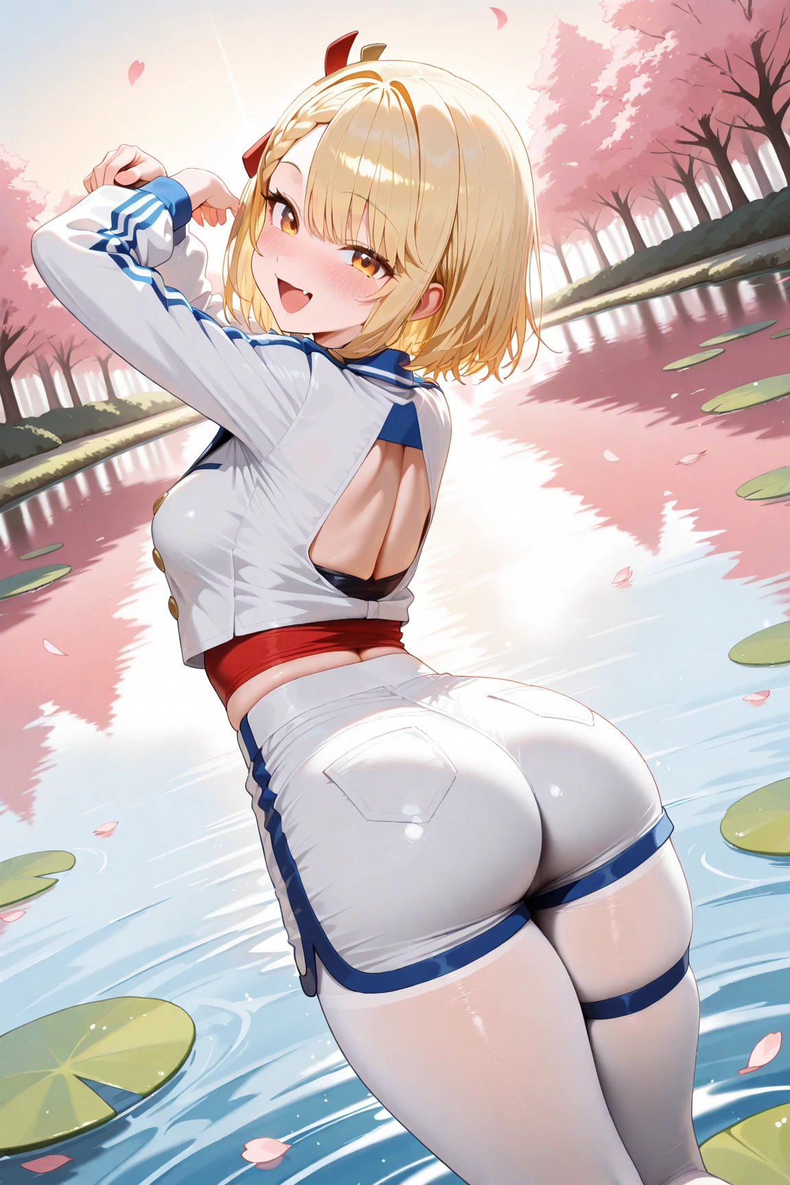 masterpiece, (ultra-detailed), 1girl, (striped background background), patterned background,
mysterious heroine xx \(fate\), blonde hair, blue eyes, (large breasts:1.1), baseball cap, blue headwear, hair through headwear, swimsuit, white bikini, side-tie bikini bottom, shrug \(clothing\), jacket, thigh strap, wristband, (cameltoe), cleavage, :d, from behind, ass,
smile, looking at viewer, blush, (closed mouth:0.6), from below, salute, <lora:mysterious_heroinexx_v1:0.8>,