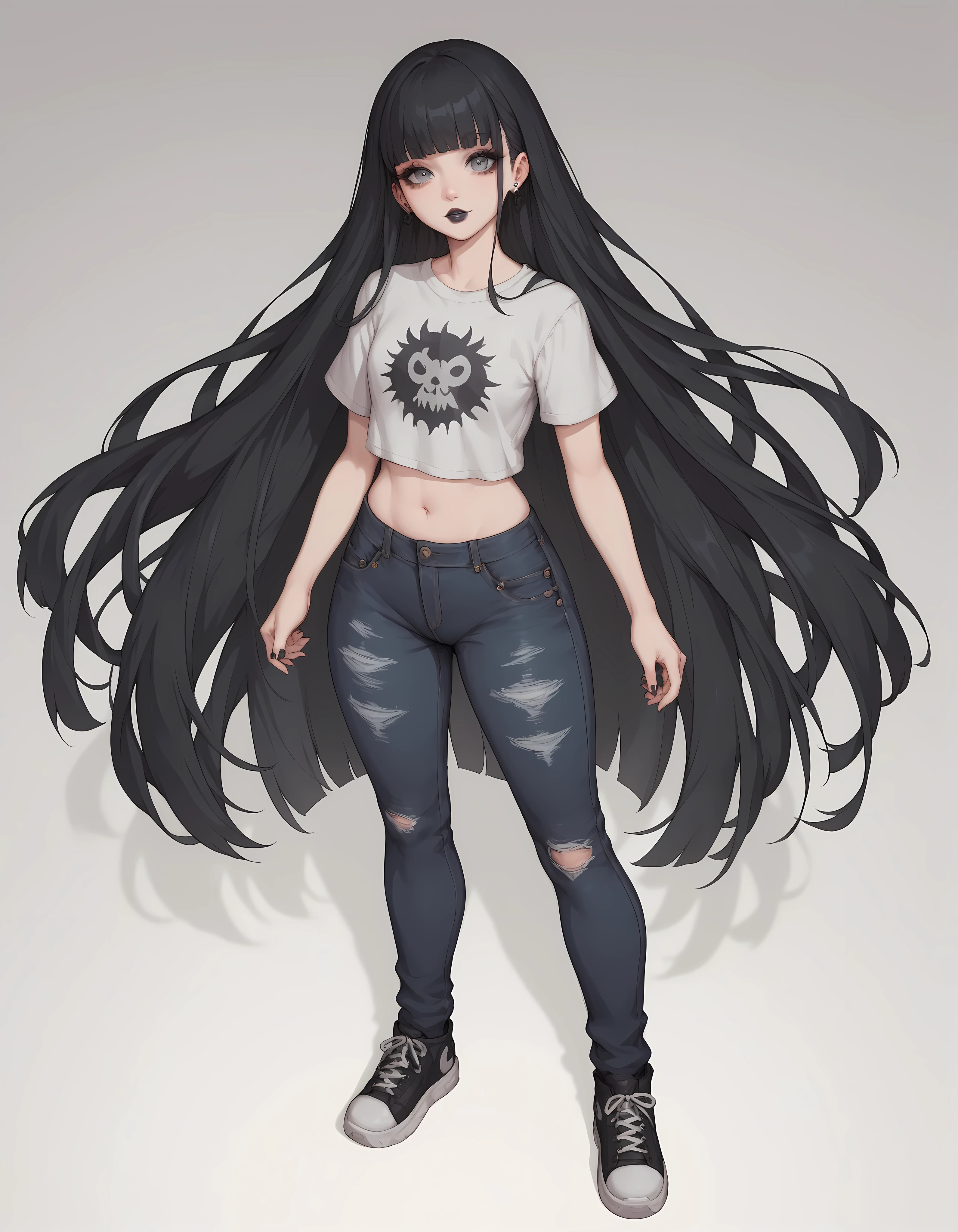 uma mulher. Long black hair with long fringe above the eyes, fair skin and black and gray eyes, she has a small dot under her right eye. She has a thin and tall body. She wears a gray blouse of the same eye color with short sleeves and dark jeans and black sneakers. She is standing in an empty room with a gentle and delicate expression, cute and feminine face, like light lipstick of a slightly dark color. in front of the camera. very long hair. Gothic fringe over the eyes.