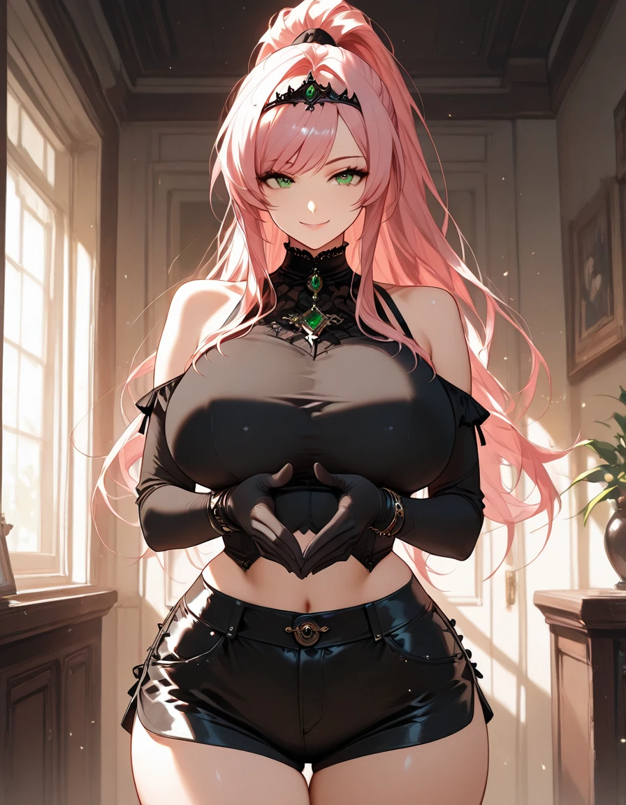 (masterpiece, best quality:1.2), extremely detailed, soft ambient lighting, sharp focus, 4K, sunbeam, sun beam, god rays, 1girl, solo, Ingrid, mature female, dark-skinned female, dark skin, standing, upper body, pink hair, very long hair,, hair intakes, yellow eyes, long eyelashes, thick eyelashes, looking at viewer, smile, puffy lips, parted lips, black dress, puffy sleeves, juliet sleeves, long sleeves, cleavage, necklace, jewelry, renaissance, vintage, window, furniture,