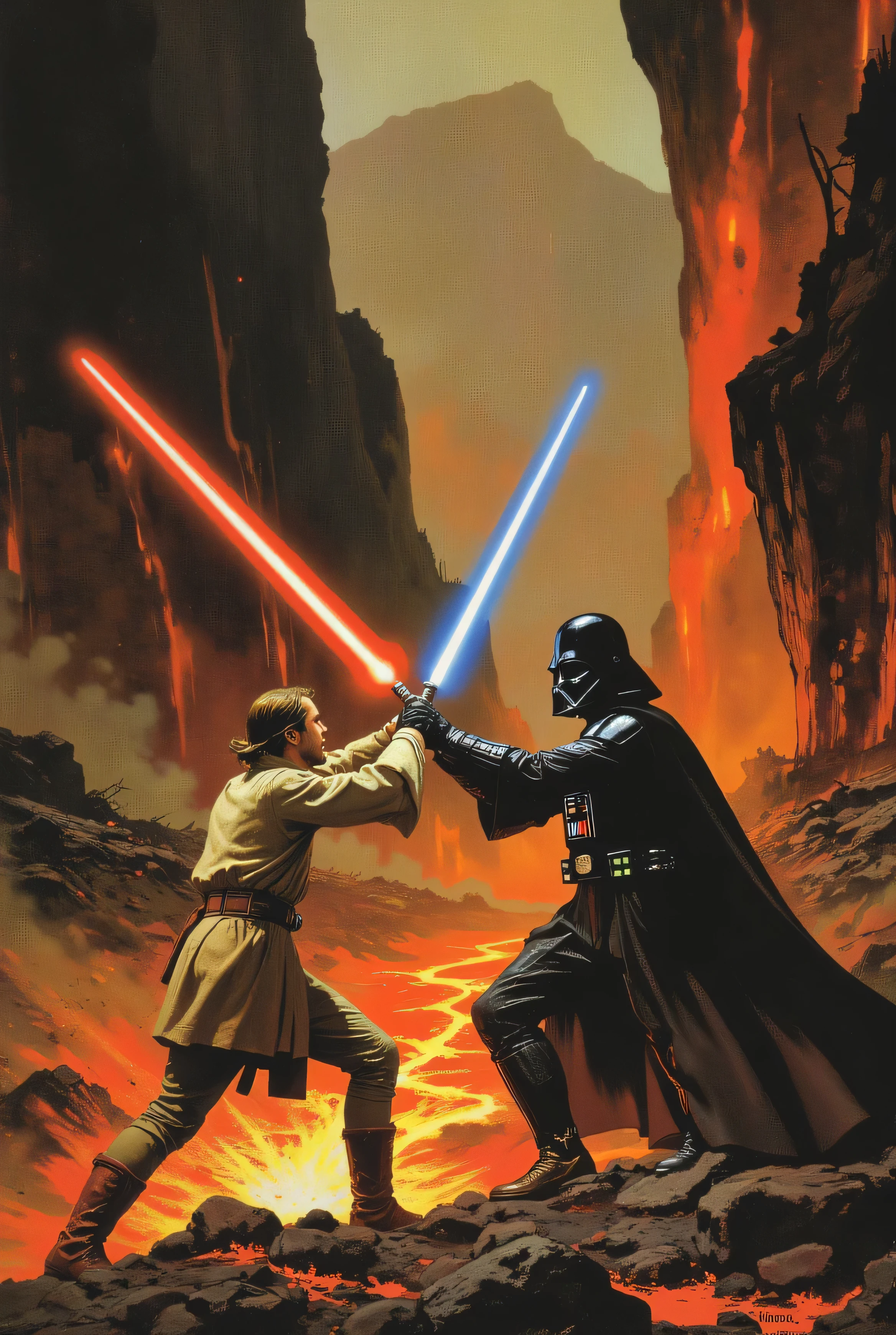 High-quality oil painting, vintage analog photography style, highly detailed image.
Epic depiction of the duel between Jedi Master Obi-Wan Kenobi and the Sith villain Darth Vader.
Obi-Wan, wearing his signature beige Jedi robes, maroon leather boots, and iconic short, sleek mullet hairstyle, sports a neatly trimmed beard that reflects his wisdom and years of experience in the ways of the Force. He wields his blue lightsaber with determination and mastery.
In front of him, Darth Vader, imposing in his classic black Sith armor, holds his vibrant red lightsaber.
Both warriors adopt dynamic and tense stances, engaged in combat. Intense sparks of energy fly from their saber clashes, dramatically illuminating the surroundings.
The setting is a devastated volcanic canyon: a dark, arid, and fiery landscape, with rivers of molten lava coursing through the cracked earth. The atmosphere is permeated with smoke and ash.
The warm, incandescent light of the lava bathes the scene, creating intense contrasts between light and shadow, highlighting the figures of the combatants and accentuating the epic nature of the moment.
The composition evokes a powerful, cinematic, and deeply emotional aesthetic, worthy of a classic heroic painting.