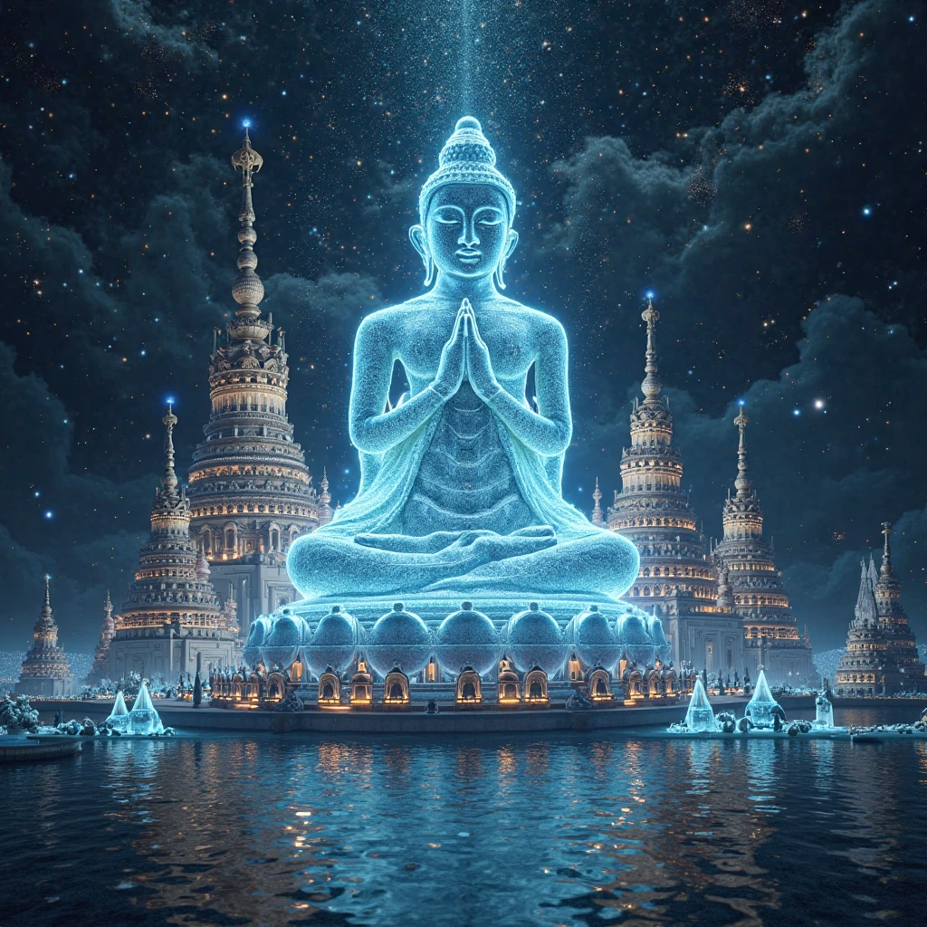 A temple face à la mer. Temple Buddhiste devant l'océan. Buddha doré. Couleur : Or, Bleu, Vert. Sable. Temple of Thailand. Thailand. Japon. Asie. Ciel Bleu. Statue dorée. Le soleil brille. La statue est immense. La plage est paradisiaque. Ambiance Manga. Lofi.