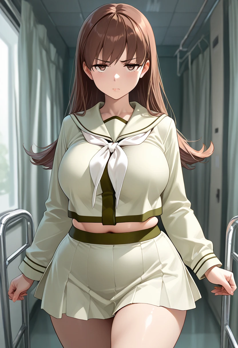 (depicting a single moment from a manga for adults), (hand-drawn), ((manga-style background)), ((a nurse, nurse-uniform with pee stain, sweat)), (((round face))), drooping eyes, in the hospital, ceiling, curtain, (((incontinent, humiliated, peeing, dropping pee from inside her skirt))), ((embarrassing)), (hair up),