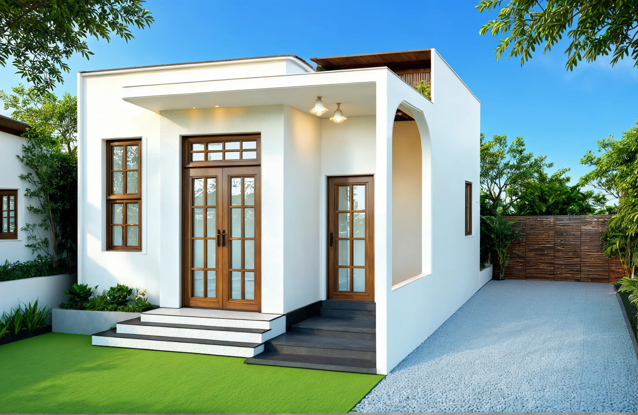 The house has 2 floors and 1 attic with a terrace. tall and narrow, modern design, steel gate and wooden details in harmonious color combination to flatter the eye. The outside is painted white, the front wall has many curves. Mix 6 outstanding colors with white as the main color. Outstanding colors combine in soft curves. The house has windows on all sides and (wooden and iron ceilings: 1,2). Materials include black steel and wood. The attic has a tree growing on the middle column in bright floral colors, blue and wood. Surrounded by tropical vegetation. The scene was shot from a 24mm perspective, with soft, natural lighting highlighting textures and materials, creating soft shadows that highlight the curves of the front wall and wooden details.