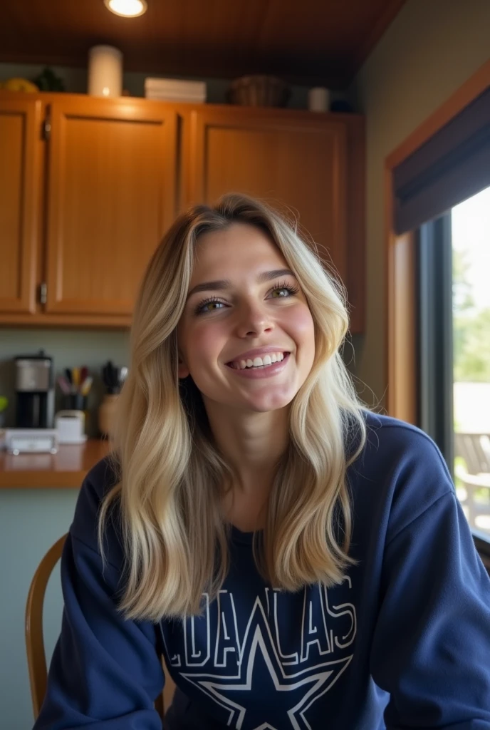 Emilia Clarke with dyed blonde hair wearing long sleeve shirt and jeans smiling