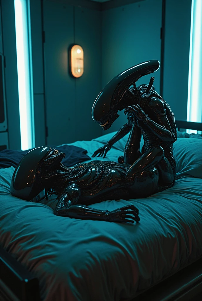 (A couple of xenomorph:1.4), (nsfw), nude, pussy, nipples, areolae, cleavage, curvy, aesthetic physique, (xenomorph body), sharp teeth, open mouth, drooling, pussy juice, dripping, <lora:EkuneStandingSplit:1.0>, ekstandsplit, penis, sex, standing, standing split, standing sex, split, standing on one leg, large breasts, leg up, from side, bottomless, motion lines, bouncing breasts, spaceship, 8k,