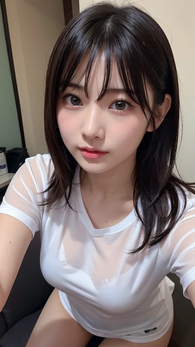 A woman in my room、(Kitchen_whiteTShirts:1.Wear 3)、4K、A high resolution、tmasterpiece、top-quality、((hasselblad photograph))、Fine skin、sharp focus、(lighting like a movie)、Soft lighting、overhead shot、[:(Detailed face:1.2):0.2]、small chest、sweat pouring down the skin:1.2、(((In the kitchen))) A smile　Viewer's perspective　huge tit　Ponytail , eye focus