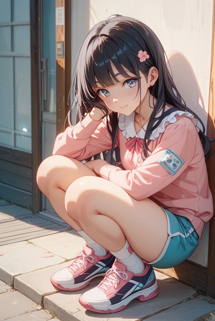 1girl, 20 yo, visible colorful Underwear, man t-shirt, Squatting, knees together, beautiful garden at night, touching a flower, looking aside