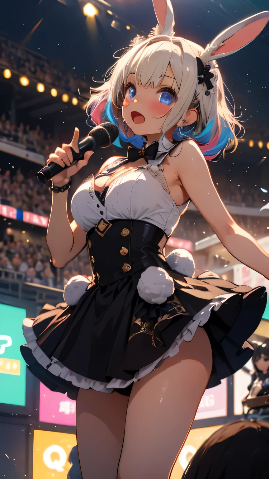 5girls looking at rabbits idol costume Lots of psyllium colorful neon stage audience microphone
